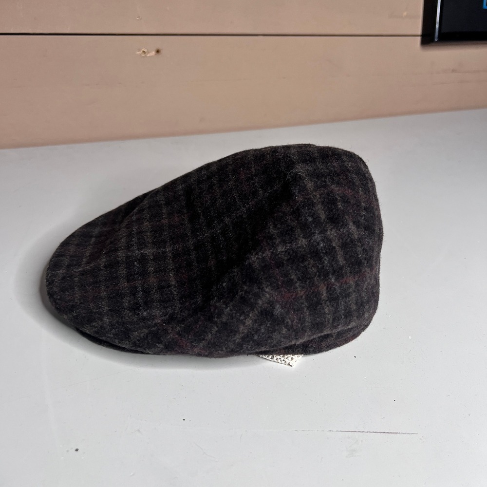 Ornella Italy Cashmere Flat Cap Mens Charcoal‎ Brown Plaid Ivy Scally Hat